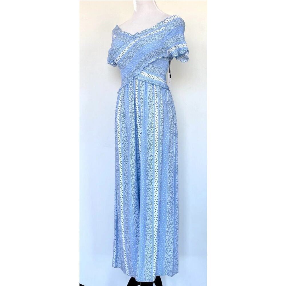 Sweet Japna Surplice Smocked Wide Leg  Jumpsuit Size Small Blue White NWT